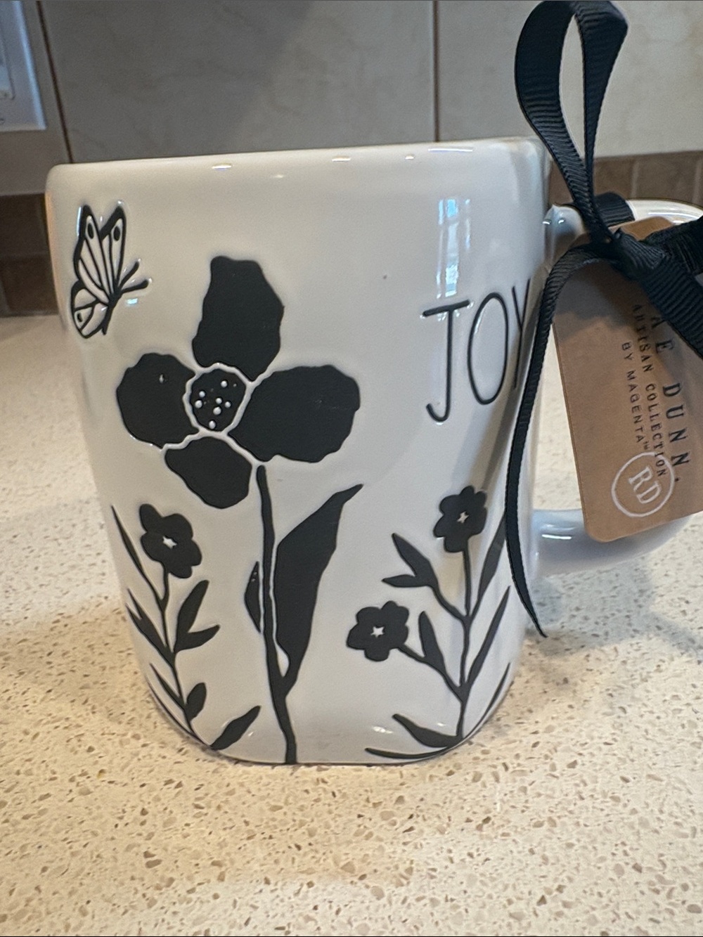 Rae Dunn NWT Black and White Joy Floral Ceramic Mug